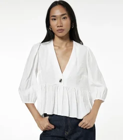 Witte Blouse V-hals 3/4 Mouwen Peplum