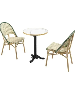 Witte marmeren liggende terrastafel van 60 cm en 2 groene stoelen