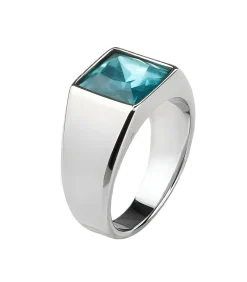 Zegelring Heren Zilver Kleurig met Blauwe Steen - Staal