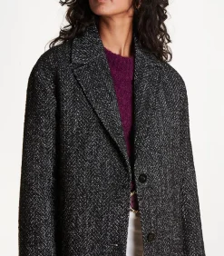 zwart halflange jas van gevlekte wol