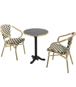 Zwart marmeren terrastafel en 2 zwarte stoelen set