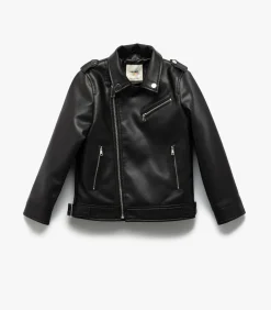 Zwarte Biker Jas van Kunstleer voor Meisjes met Kraag en Lange Mouwen