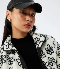 Zwarte Bloemendessin Fleece Jas met Rits