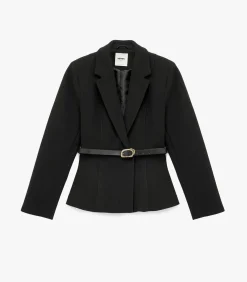 Zwarte Lange Blazer Knoopdetail Ceintuur