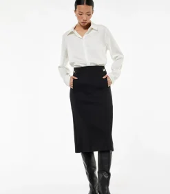 Zwarte Midi Kokerrok Hoog Gesneden met Metalen Details