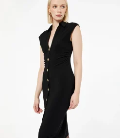 Zwarte Midi-jurk V-hals Knopen Mouwloos
