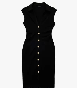 Zwarte Midi-jurk V-hals Knopen Mouwloos