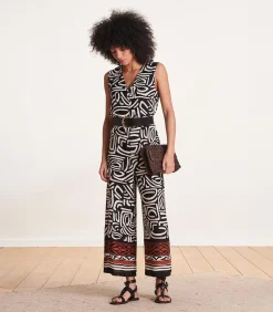 Zwarte mouwloze jumpsuit met V-halsprint